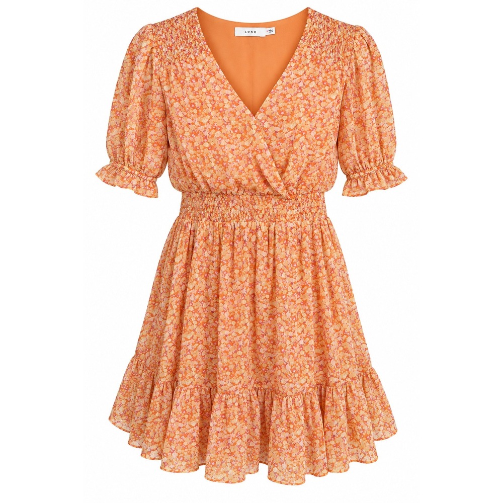 Lush Floral V-Neck Smocked Mini Dress Orange Yellow Ditsy Print Size Medium